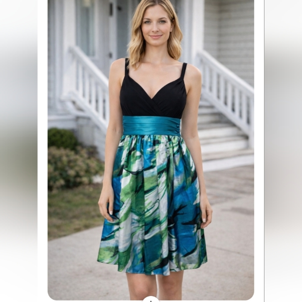 Intrigue Black Bodice Floral Dress Size 8 Teal Waistband Party Cocktail Dress